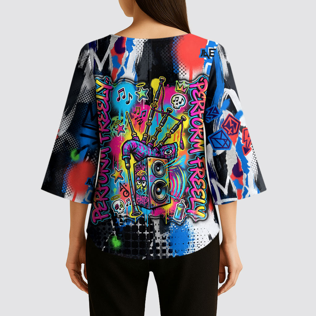 Edinburgh Fringe Festival Kimono Sleeve Blouse Fringe Vibes Graffiti Seagull Scotland Bagpipes Street Art