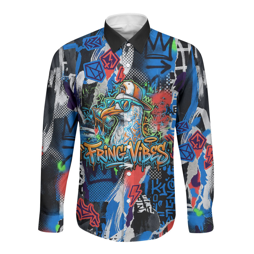 Edinburgh Fringe Festival Long Sleeve Button Shirt Fringe Vibes Graffiti Seagull Scotland Bagpipes Street Art