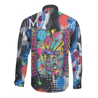 Edinburgh Fringe Festival Long Sleeve Button Shirt Fringe Vibes Graffiti Seagull Scotland Bagpipes Street Art