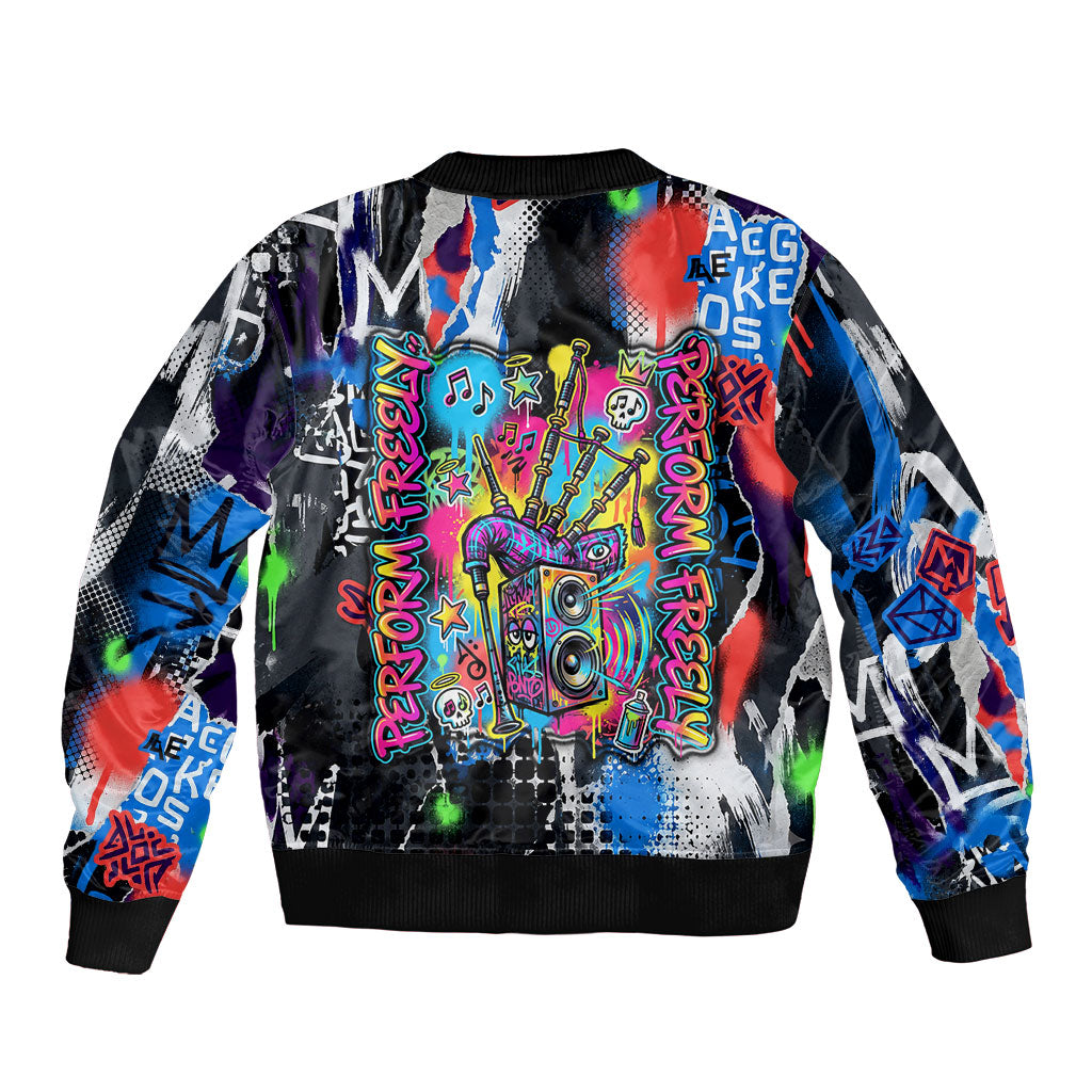 Edinburgh Fringe Festival Sleeve Zip Bomber Jacket Fringe Vibes Graffiti Seagull Scotland Bagpipes Street Art