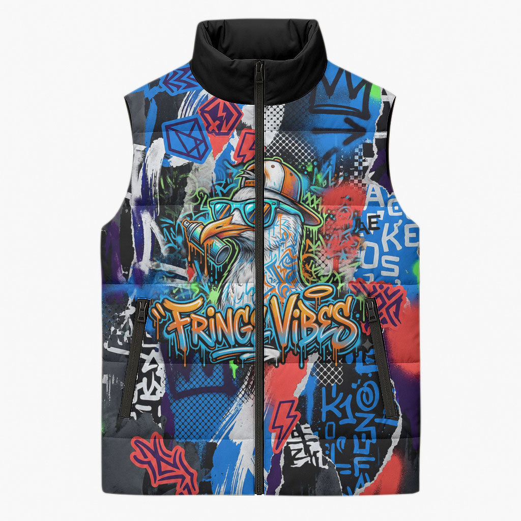 Edinburgh Fringe Festival Sleeveless Puffer Jacket Fringe Vibes Graffiti Seagull Scotland Bagpipes Street Art