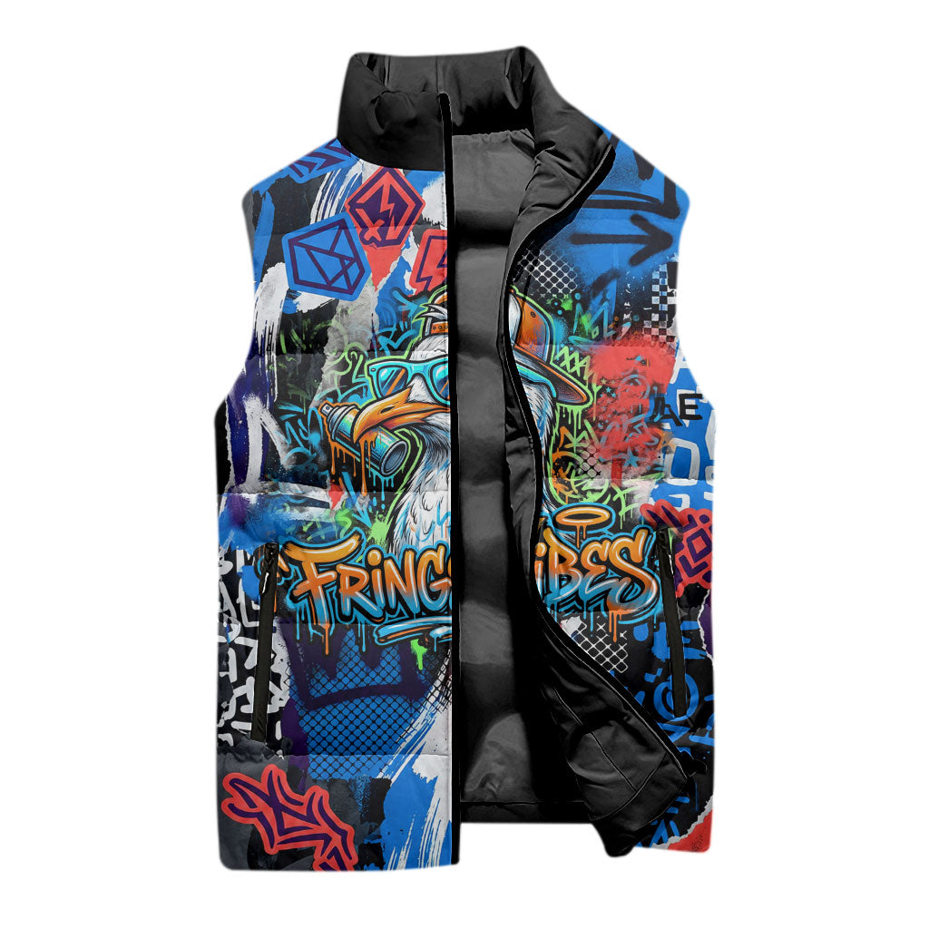Edinburgh Fringe Festival Sleeveless Puffer Jacket Fringe Vibes Graffiti Seagull Scotland Bagpipes Street Art