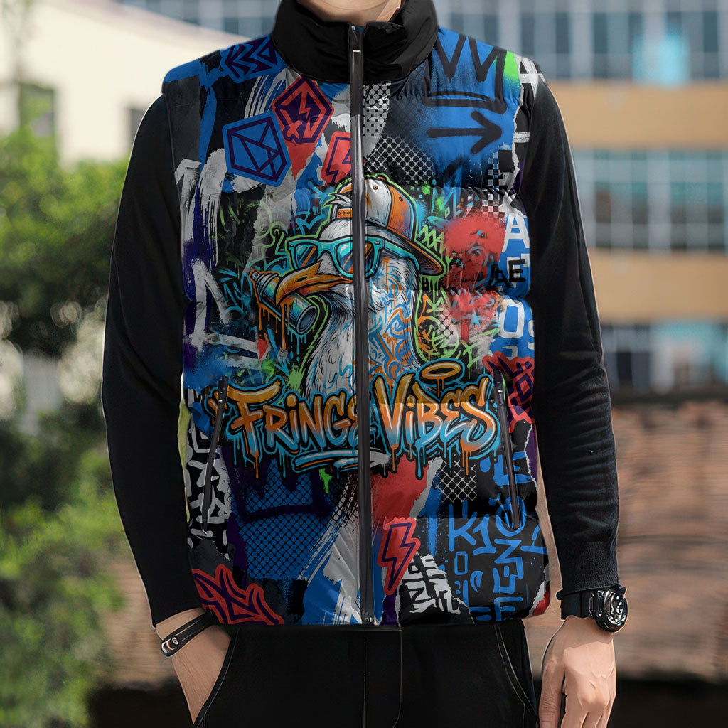 Edinburgh Fringe Festival Sleeveless Puffer Jacket Fringe Vibes Graffiti Seagull Scotland Bagpipes Street Art