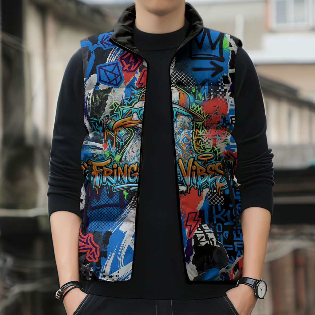 Edinburgh Fringe Festival Sleeveless Puffer Jacket Fringe Vibes Graffiti Seagull Scotland Bagpipes Street Art