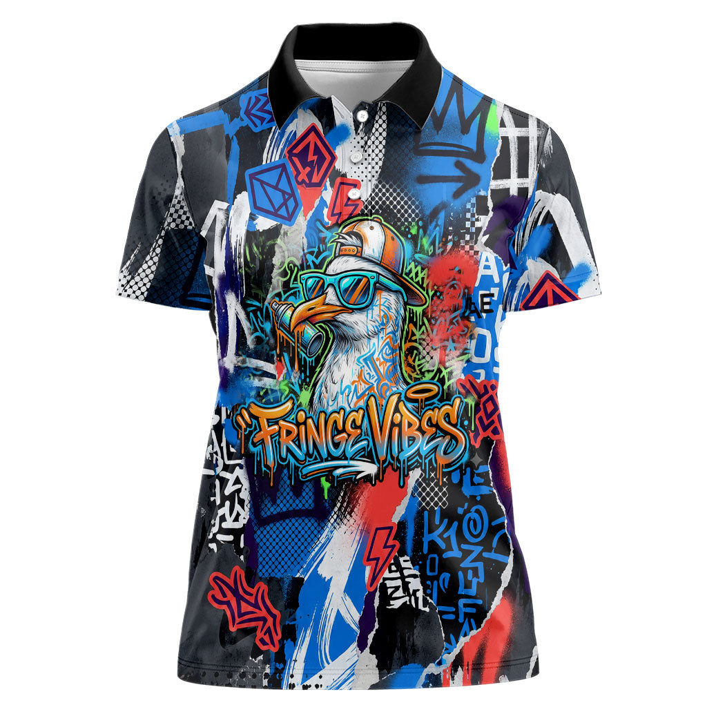Edinburgh Fringe Festival Women Polo Shirt Fringe Vibes Graffiti Seagull Scotland Bagpipes Street Art