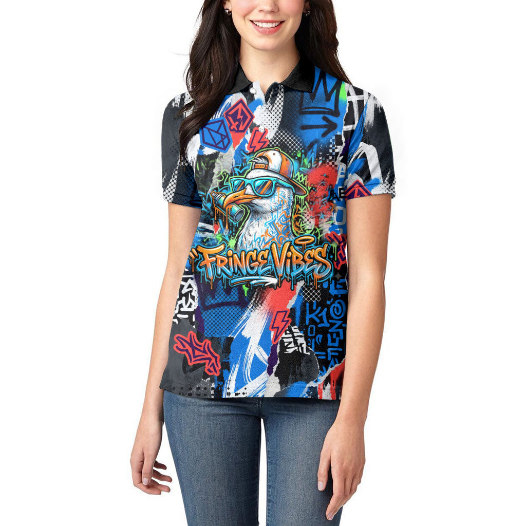 Edinburgh Fringe Festival Women Polo Shirt Fringe Vibes Graffiti Seagull Scotland Bagpipes Street Art