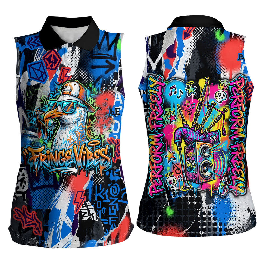 Edinburgh Fringe Festival Women Sleeveless Polo Shirt Fringe Vibes Graffiti Seagull Scotland Bagpipes Street Art