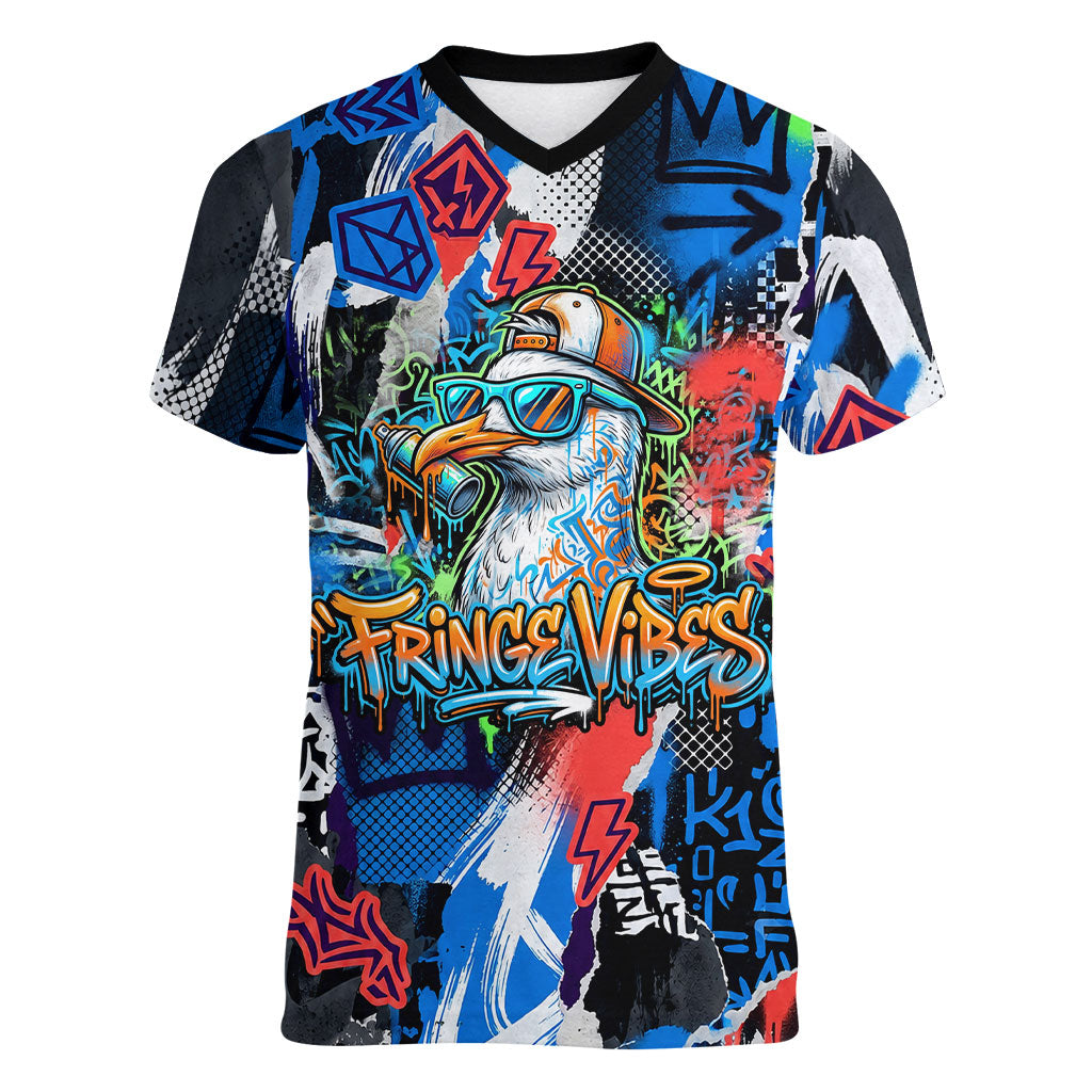 Edinburgh Fringe Festival Women V-Neck T-Shirt Fringe Vibes Graffiti Seagull Scotland Bagpipes Street Art