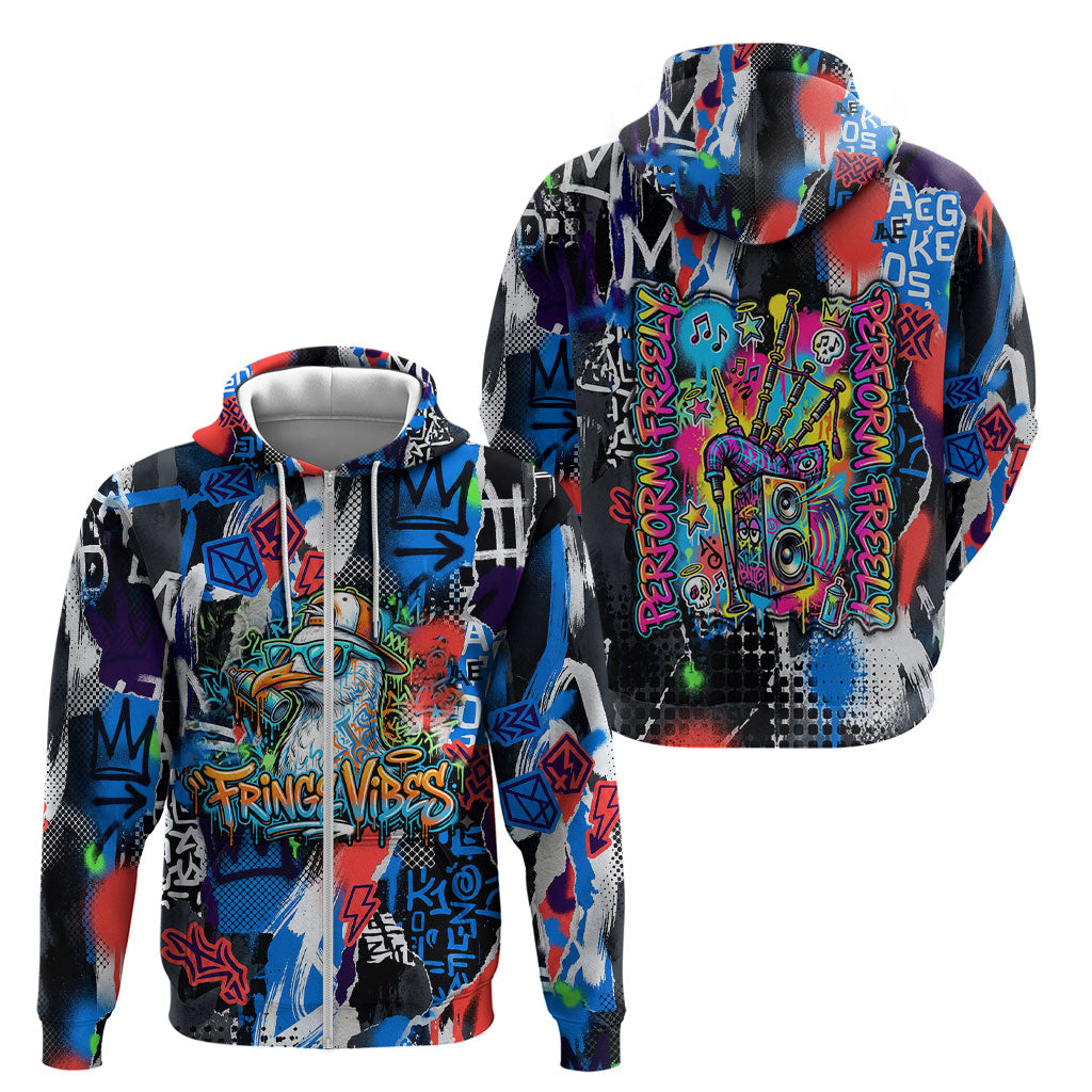 Edinburgh Fringe Festival Zip Hoodie Fringe Vibes Graffiti Seagull Scotland Bagpipes Street Art