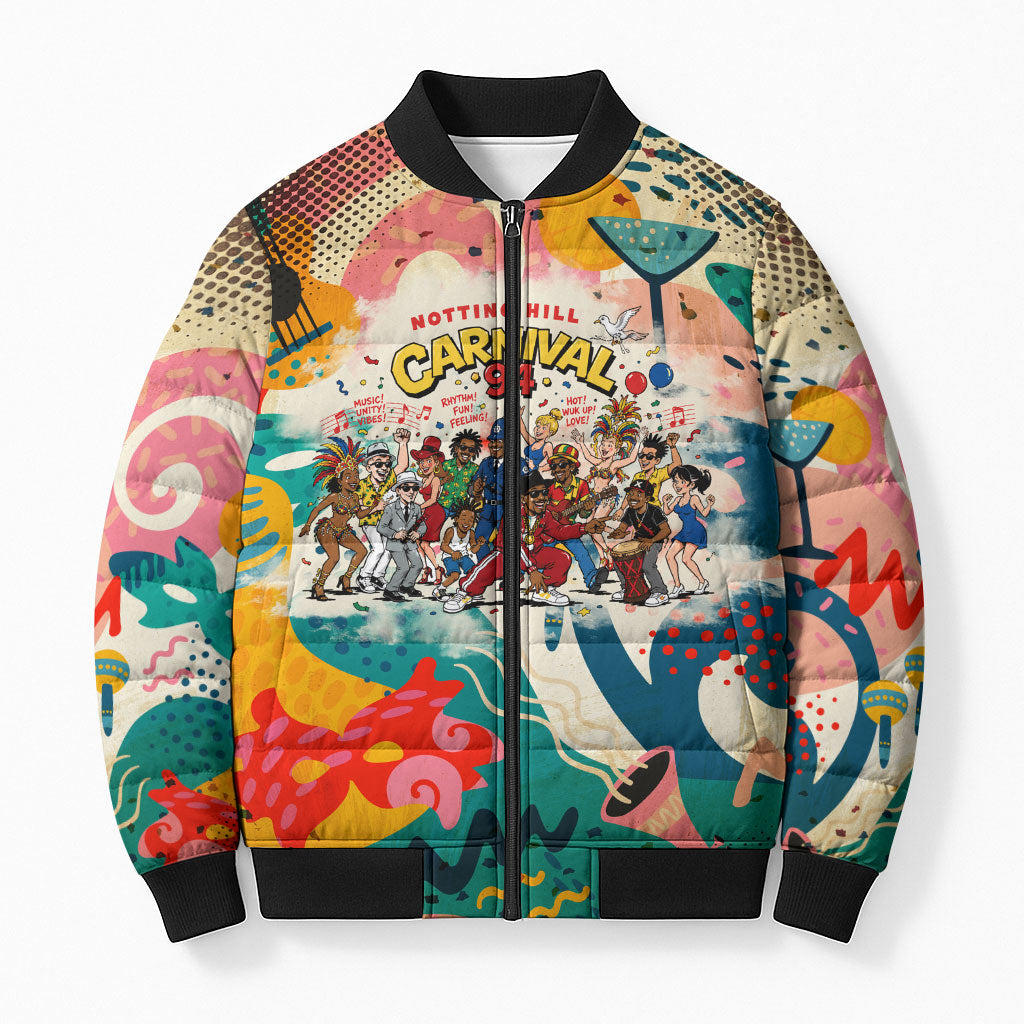 Notting Hill Carnival 94 Bomber Puffer Jacket Vintage Festival Music Caribbean Dancers Steel Drums Pop Art
