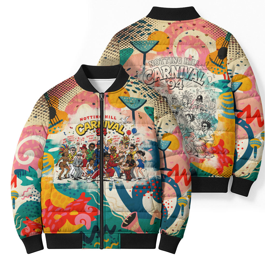 Notting Hill Carnival 94 Bomber Puffer Jacket Vintage Festival Music Caribbean Dancers Steel Drums Pop Art