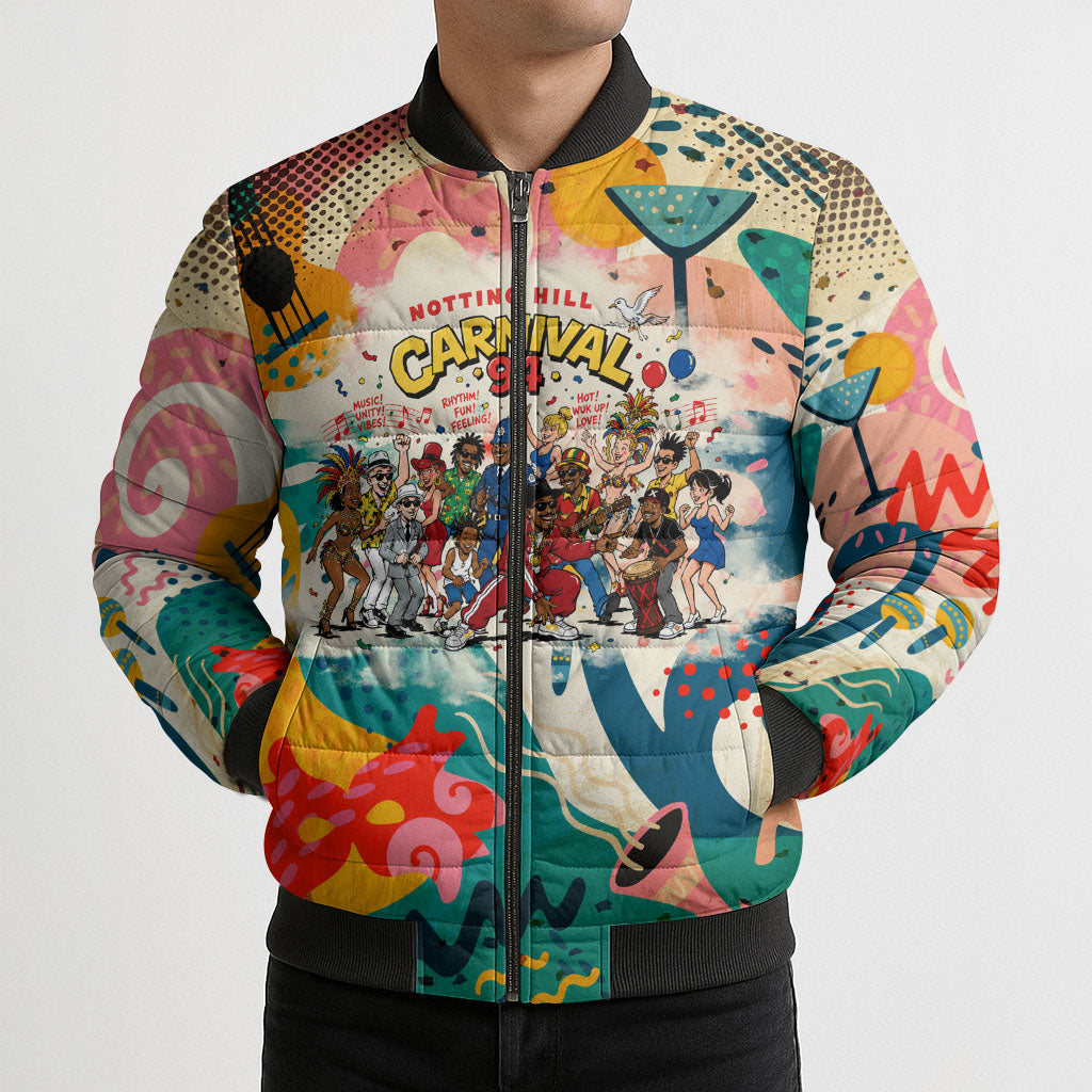 Notting Hill Carnival 94 Bomber Puffer Jacket Vintage Festival Music Caribbean Dancers Steel Drums Pop Art
