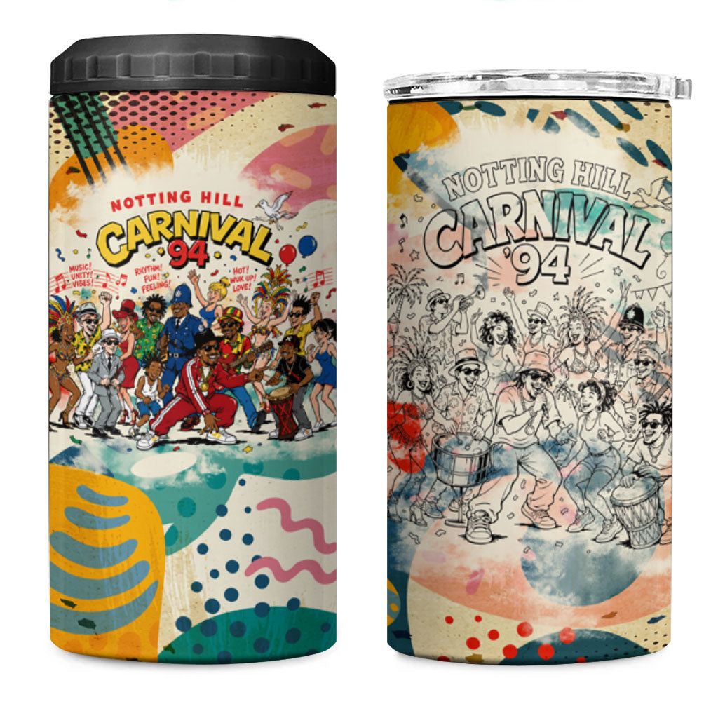 Notting Hill Carnival 94 4 in 1 Can Cooler Tumbler Vintage Festival Music Caribbean Dancers Steel Drums Pop Art
