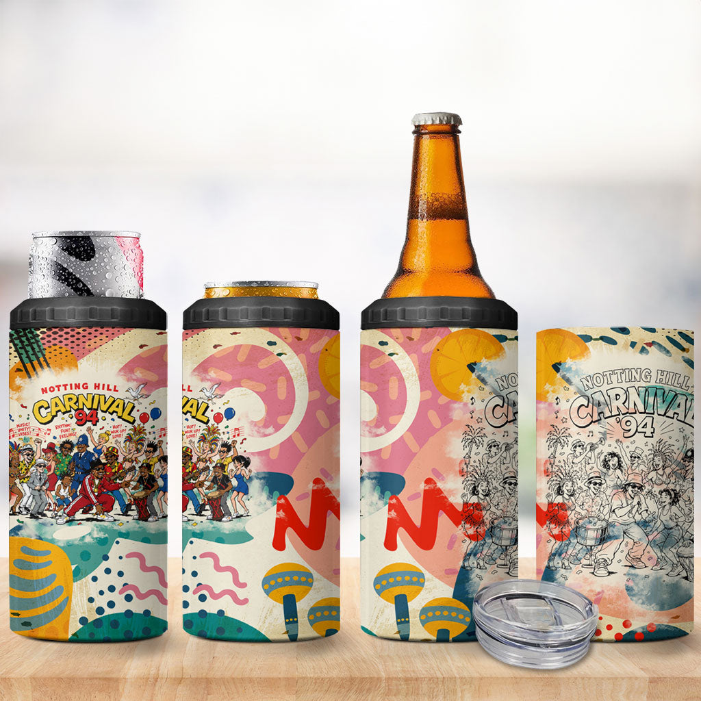 Notting Hill Carnival 94 4 in 1 Can Cooler Tumbler Vintage Festival Music Caribbean Dancers Steel Drums Pop Art