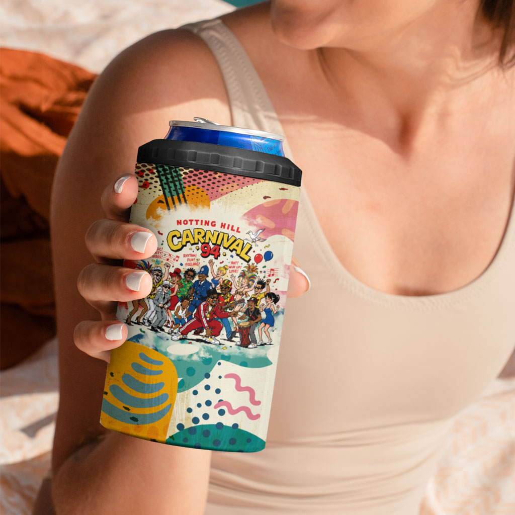 Notting Hill Carnival 94 4 in 1 Can Cooler Tumbler Vintage Festival Music Caribbean Dancers Steel Drums Pop Art