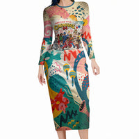 Notting Hill Carnival 94 Long Sleeve Bodycon Dress Vintage Festival Music Caribbean Dancers Steel Drums Pop Art