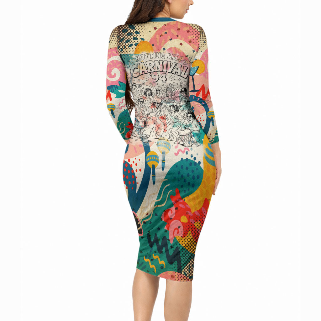 Notting Hill Carnival 94 Long Sleeve Bodycon Dress Vintage Festival Music Caribbean Dancers Steel Drums Pop Art
