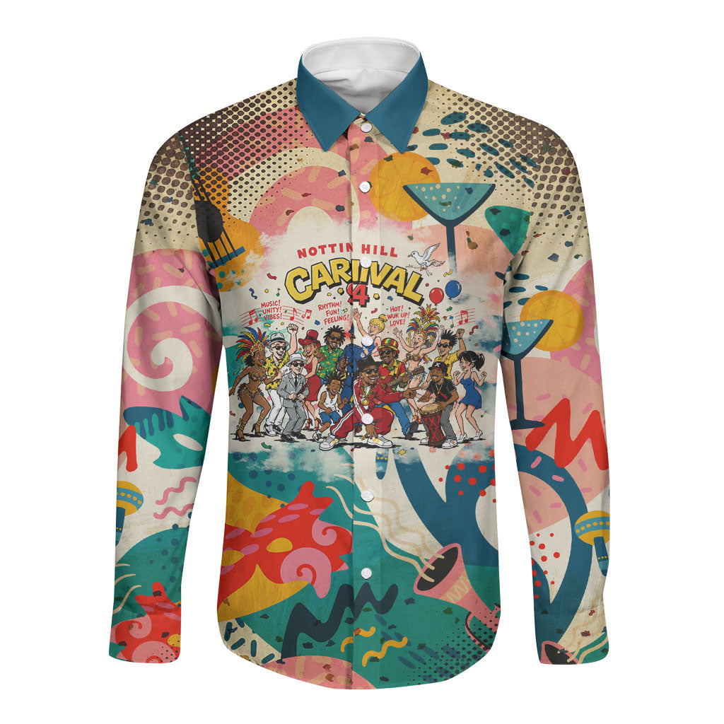 Notting Hill Carnival 94 Long Sleeve Button Shirt Vintage Festival Music Caribbean Dancers Steel Drums Pop Art