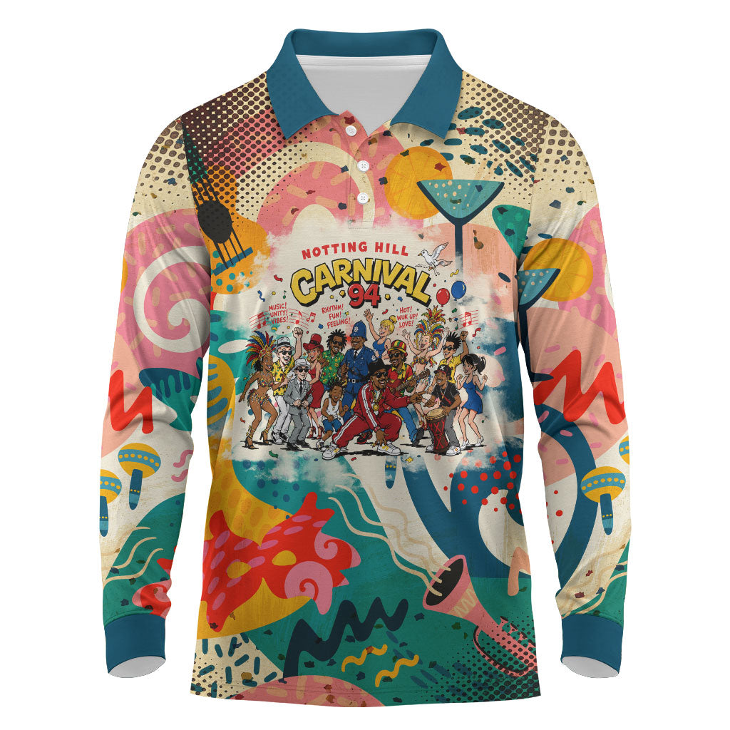 Notting Hill Carnival 94 Long Sleeve Polo Shirt Vintage Festival Music Caribbean Dancers Steel Drums Pop Art