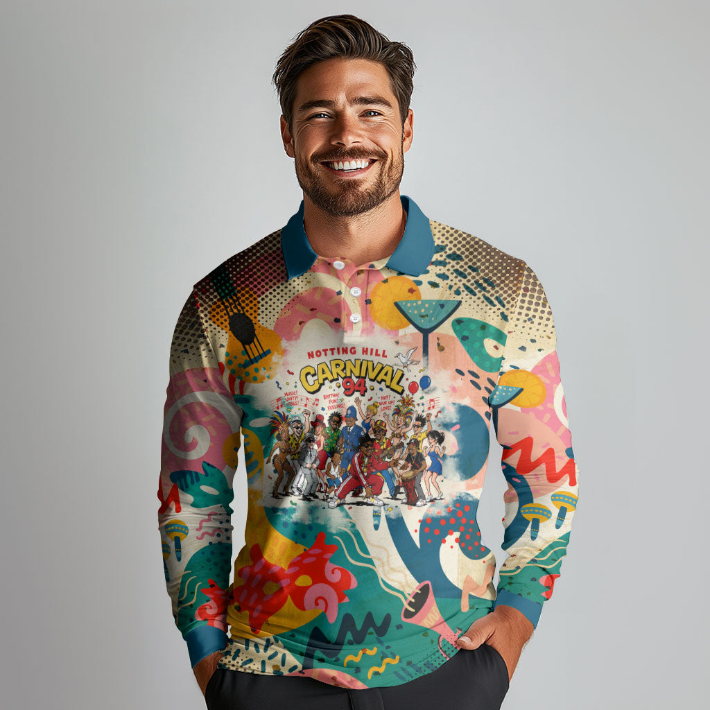 Notting Hill Carnival 94 Long Sleeve Polo Shirt Vintage Festival Music Caribbean Dancers Steel Drums Pop Art
