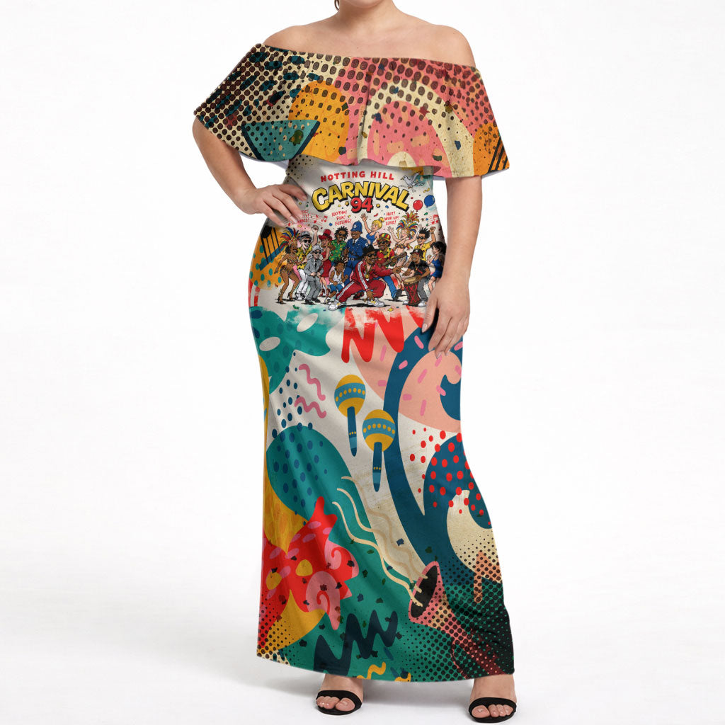 Notting Hill Carnival 94 Off Shoulder Maxi Dress Vintage Festival Music Caribbean Dancers Steel Drums Pop Art