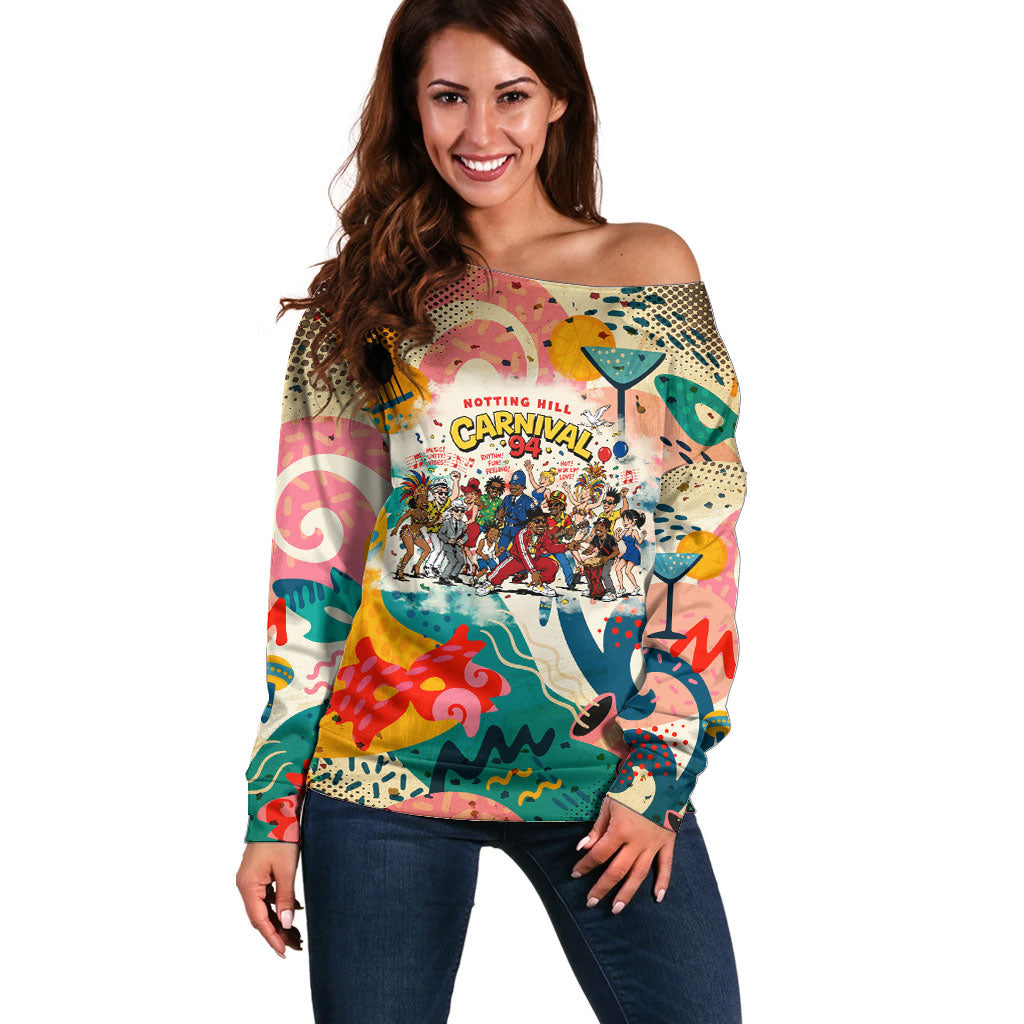 Notting Hill Carnival 94 Off Shoulder Sweater Vintage Festival Music Caribbean Dancers Steel Drums Pop Art