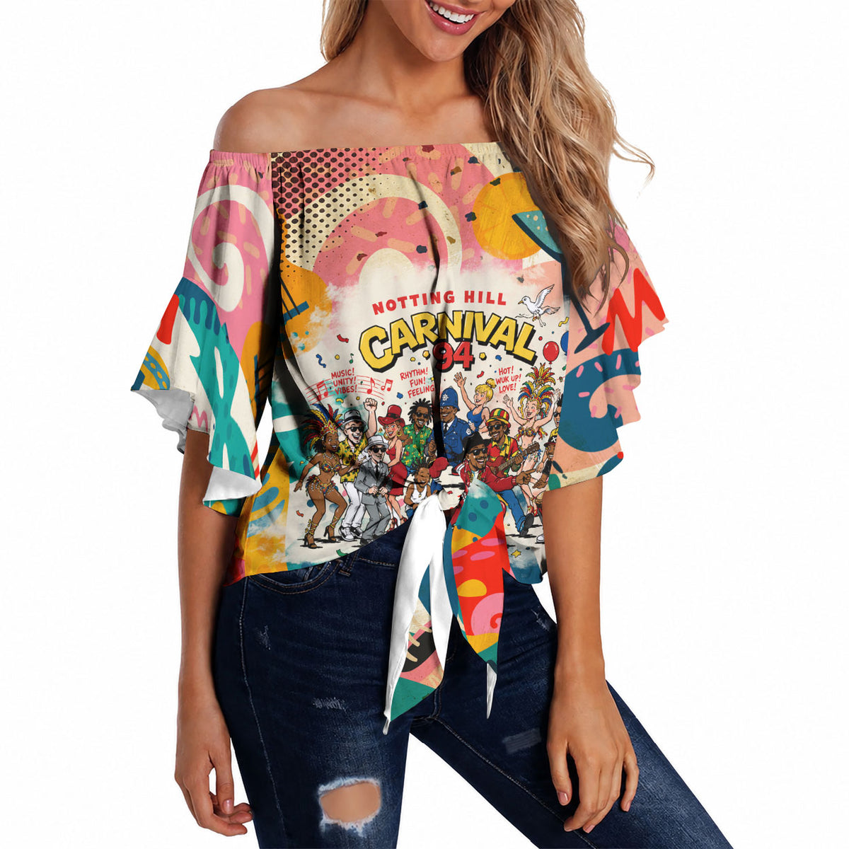 Notting Hill Carnival 94 Off Shoulder Wrap Waist Top Vintage Festival Music Caribbean Dancers Steel Drums Pop Art
