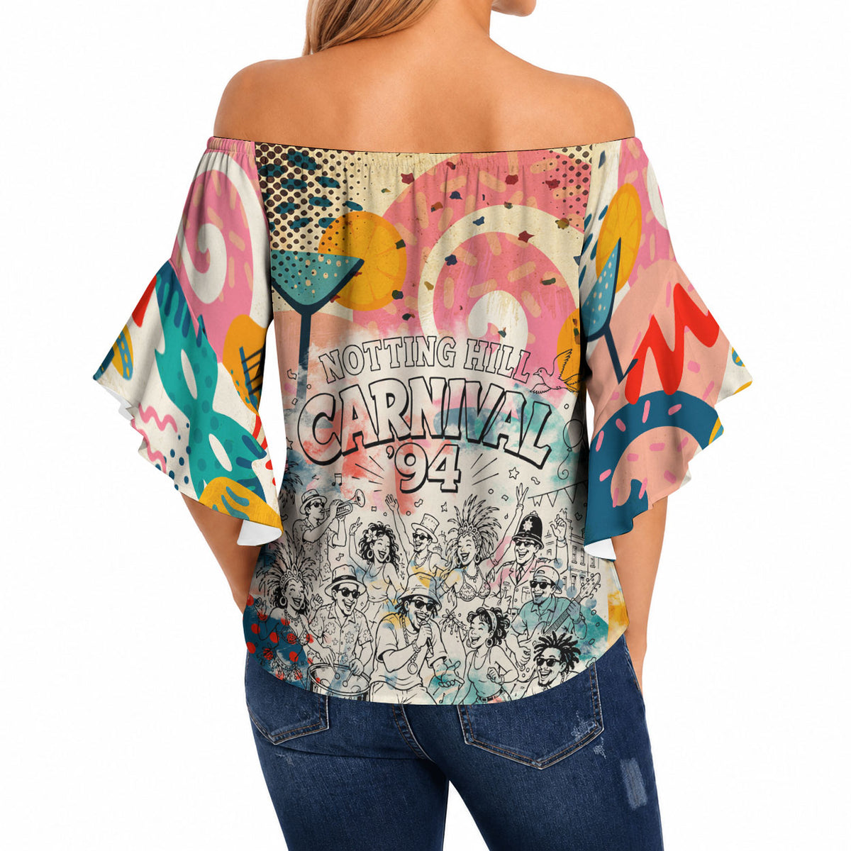 Notting Hill Carnival 94 Off Shoulder Wrap Waist Top Vintage Festival Music Caribbean Dancers Steel Drums Pop Art