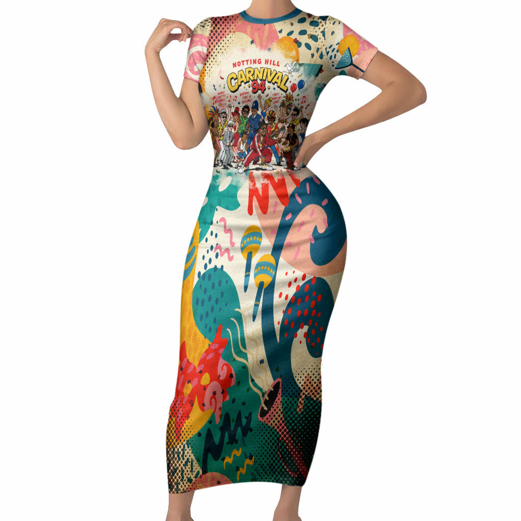 Notting Hill Carnival 94 Short Sleeve Bodycon Dress Vintage Festival Music Caribbean Dancers Steel Drums Pop Art