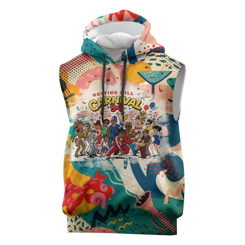 Notting Hill Carnival 94 Sleeveless Hoodie Vintage Festival Music Caribbean Dancers Steel Drums Pop Art