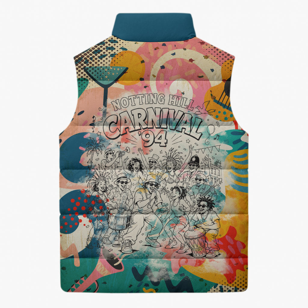 Notting Hill Carnival 94 Sleeveless Puffer Jacket Vintage Festival Music Caribbean Dancers Steel Drums Pop Art