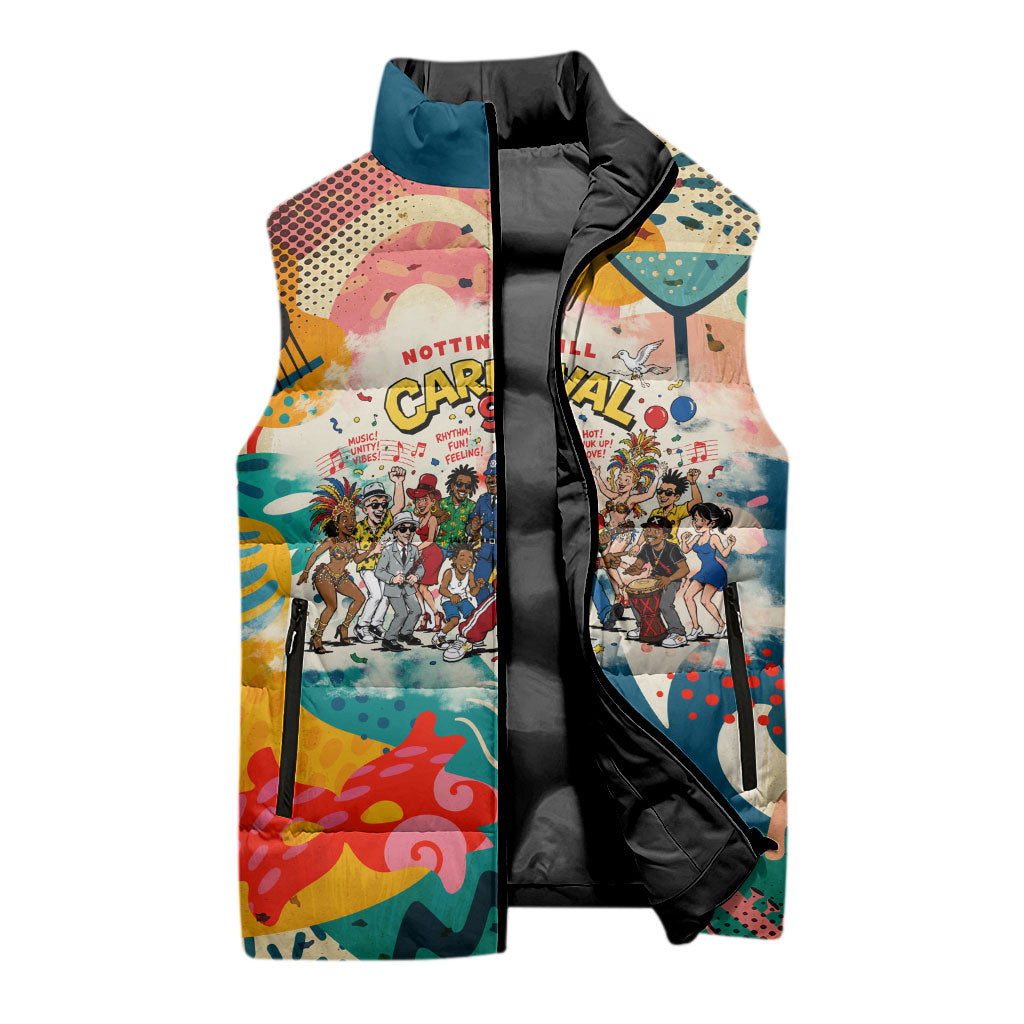 Notting Hill Carnival 94 Sleeveless Puffer Jacket Vintage Festival Music Caribbean Dancers Steel Drums Pop Art