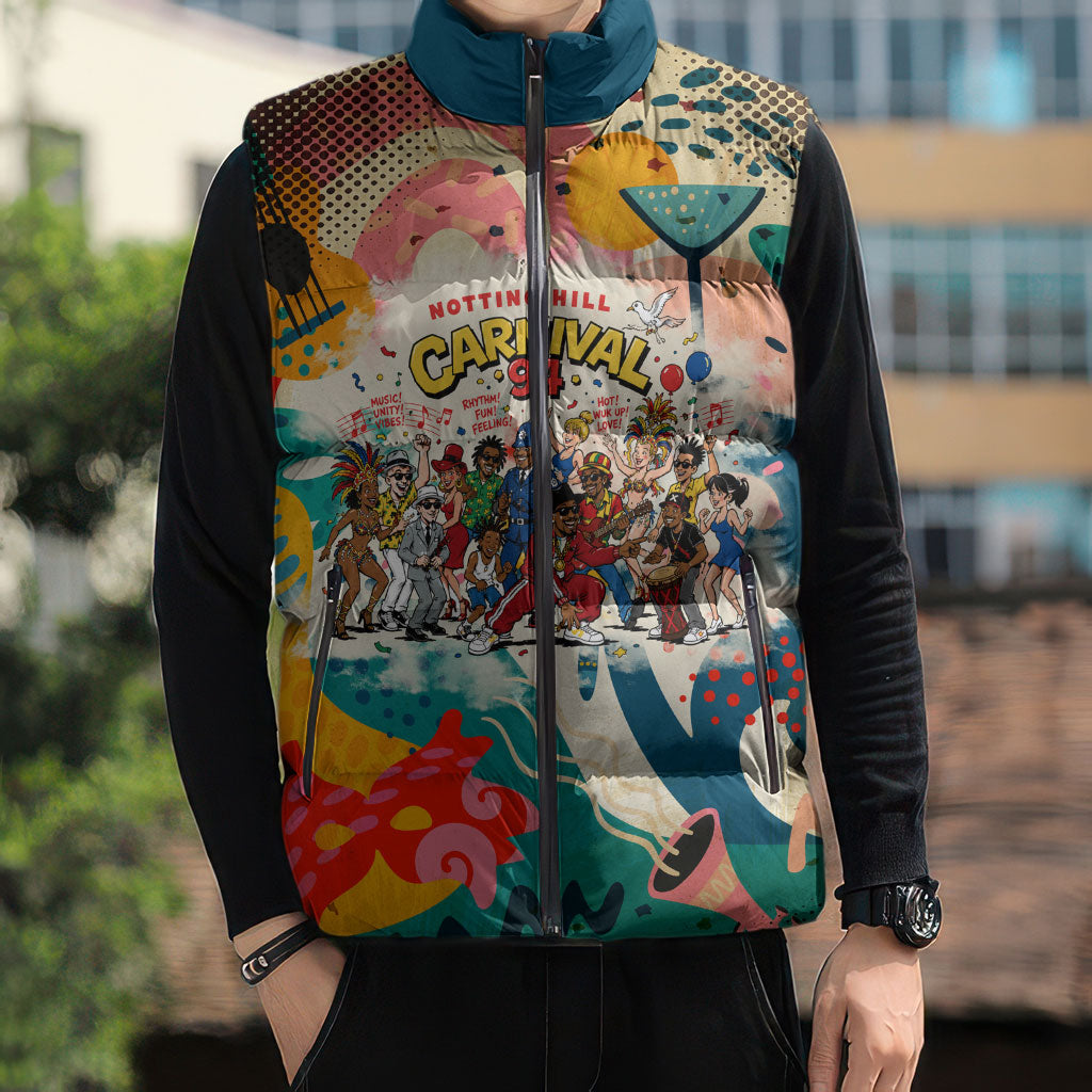 Notting Hill Carnival 94 Sleeveless Puffer Jacket Vintage Festival Music Caribbean Dancers Steel Drums Pop Art