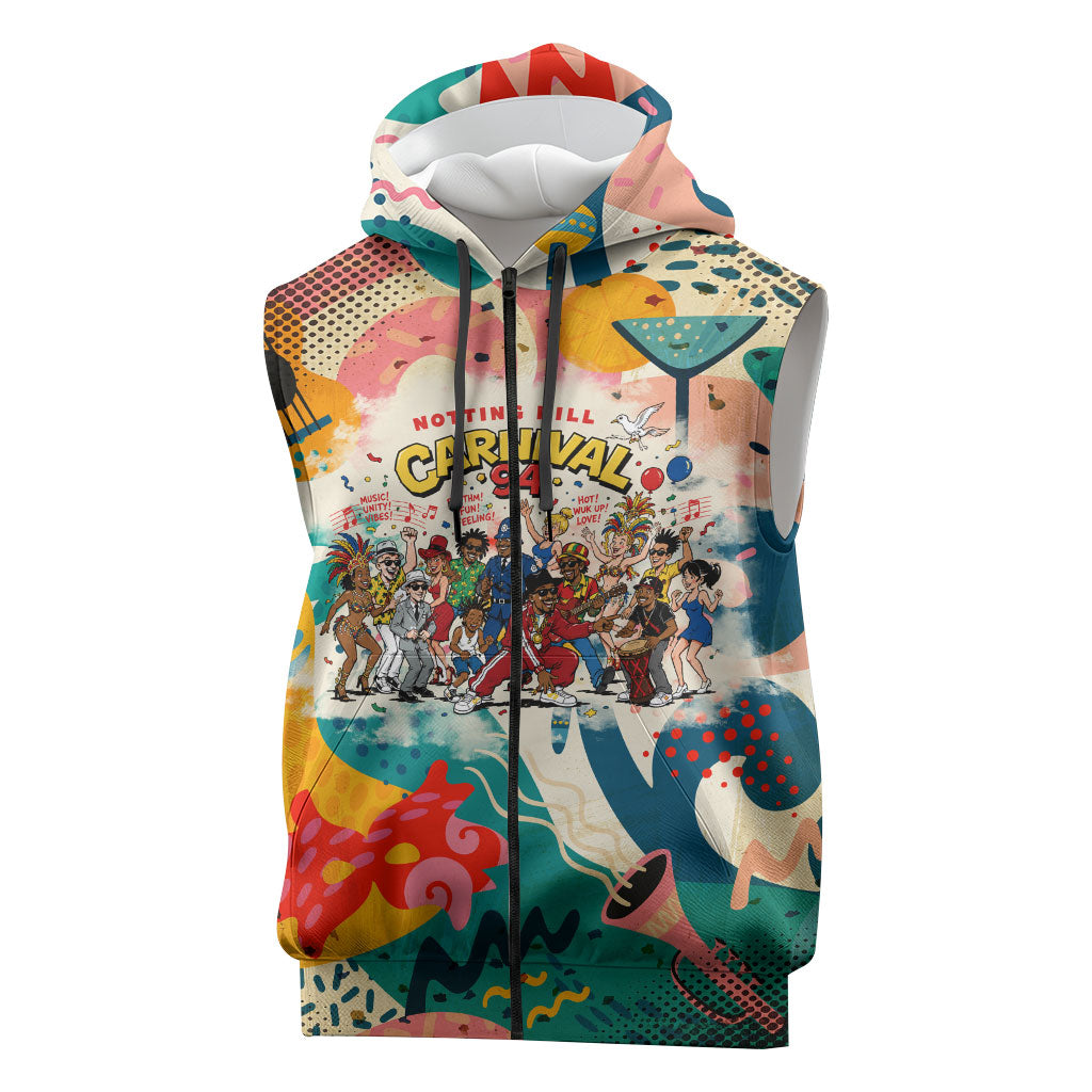 Notting Hill Carnival 94 Sleeveless Zip Hoodie Vintage Festival Music Caribbean Dancers Steel Drums Pop Art