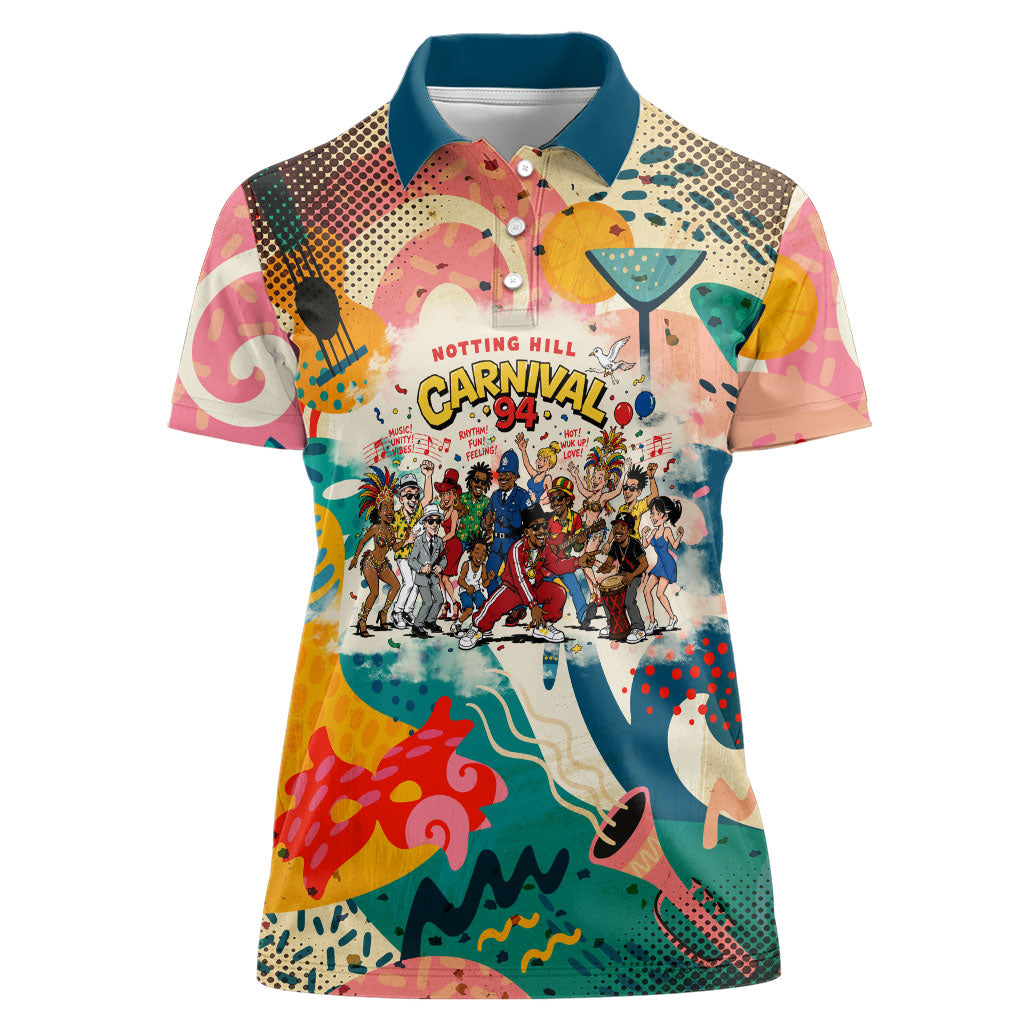 Notting Hill Carnival 94 Women Polo Shirt Vintage Festival Music Caribbean Dancers Steel Drums Pop Art