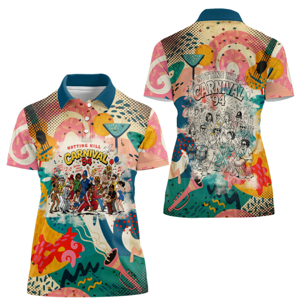 Notting Hill Carnival 94 Women Polo Shirt Vintage Festival Music Caribbean Dancers Steel Drums Pop Art