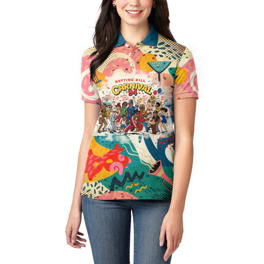 Notting Hill Carnival 94 Women Polo Shirt Vintage Festival Music Caribbean Dancers Steel Drums Pop Art