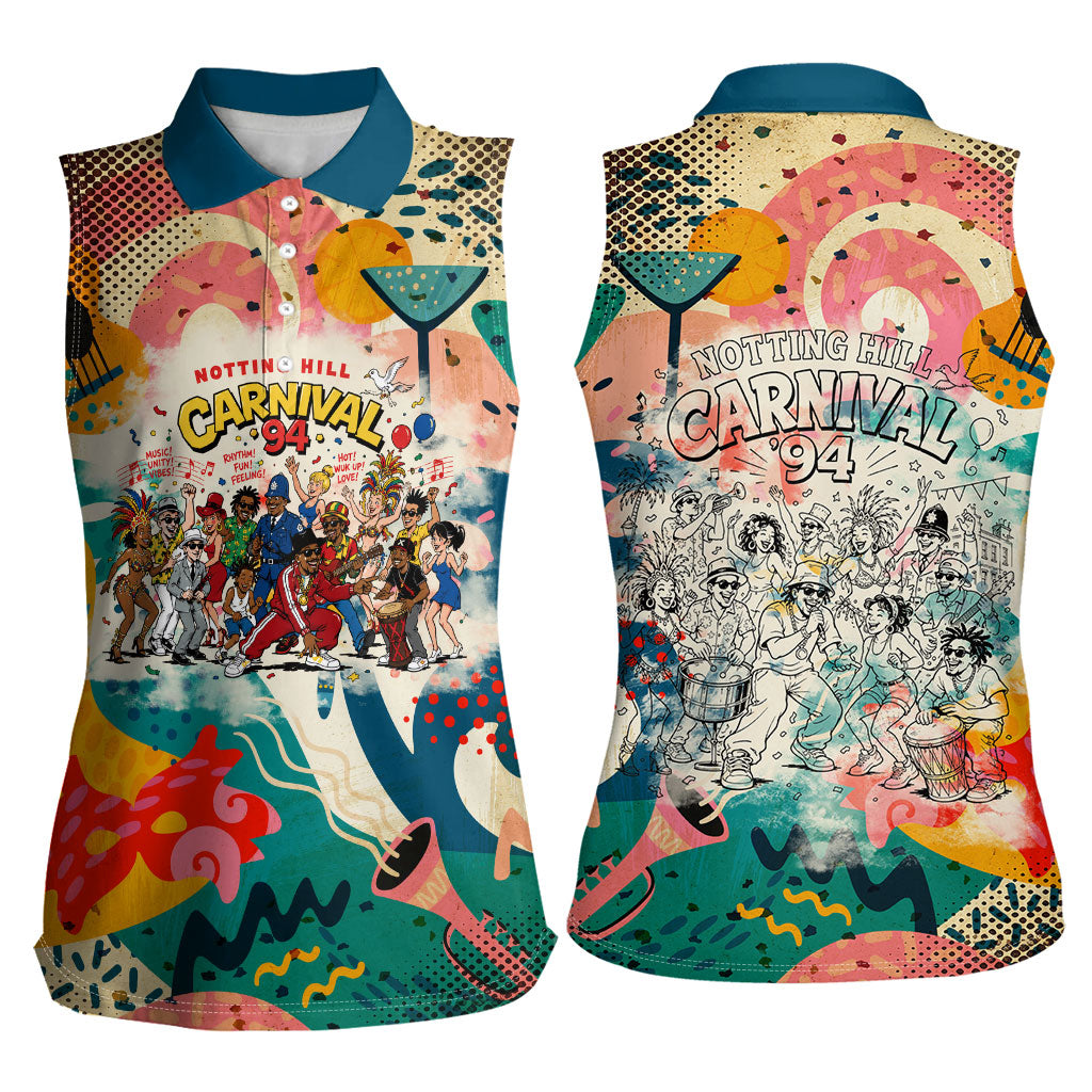 Notting Hill Carnival 94 Women Sleeveless Polo Shirt Vintage Festival Music Caribbean Dancers Steel Drums Pop Art
