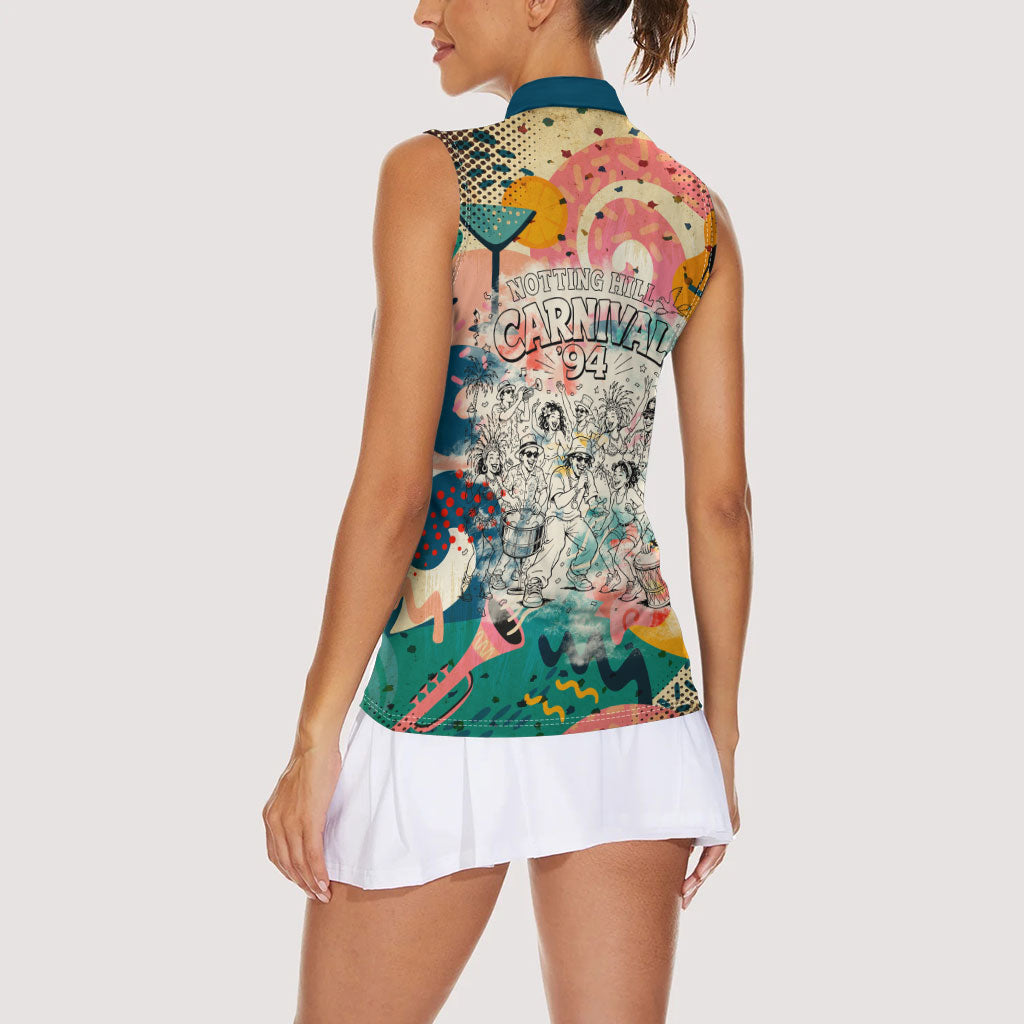 Notting Hill Carnival 94 Women Sleeveless Polo Shirt Vintage Festival Music Caribbean Dancers Steel Drums Pop Art
