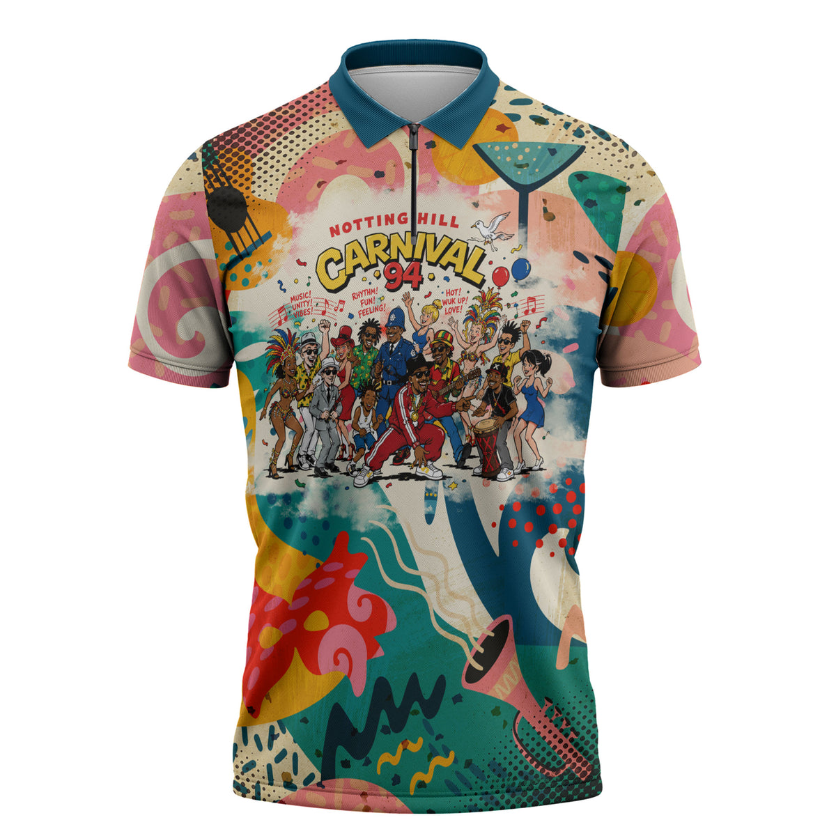 Notting Hill Carnival 94 Zipper Polo Shirt Vintage Festival Music Caribbean Dancers Steel Drums Pop Art