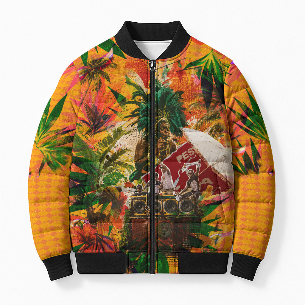Notting Hill Carnival Bomber Puffer Jacket Caribbean Culture Music Festival Feathered Dancer Tropical