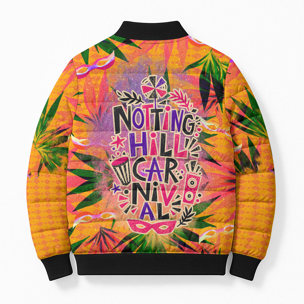 Notting Hill Carnival Bomber Puffer Jacket Caribbean Culture Music Festival Feathered Dancer Tropical