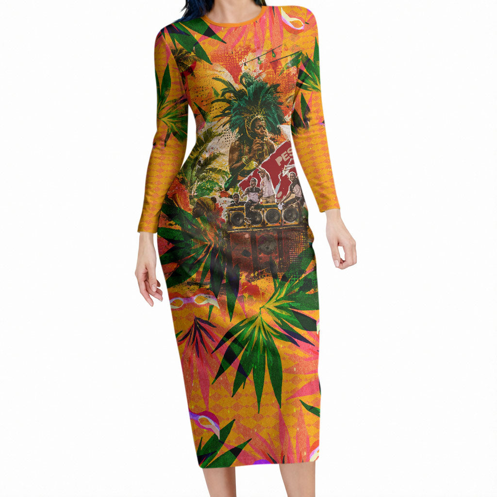 Notting Hill Carnival Long Sleeve Bodycon Dress Caribbean Culture Music Festival Feathered Dancer Tropical