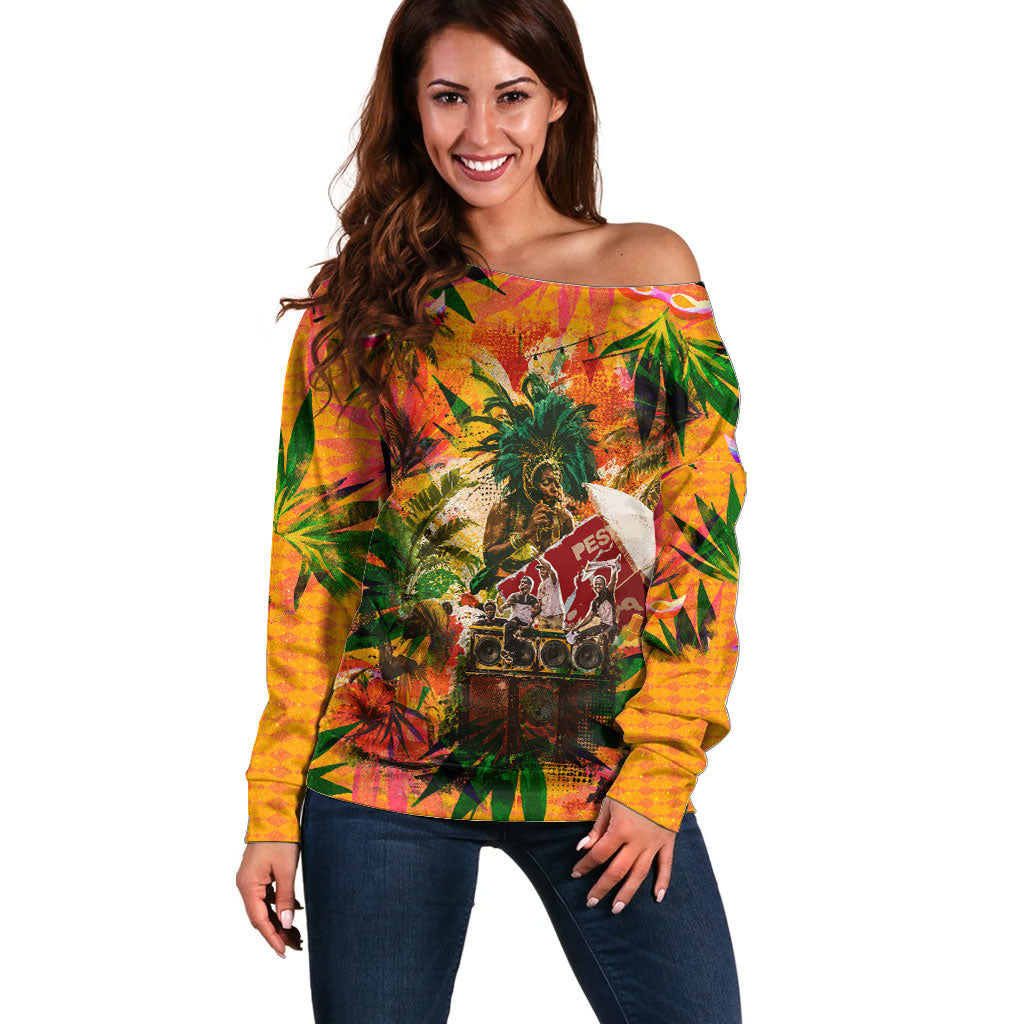 Notting Hill Carnival Off Shoulder Sweater Caribbean Culture Music Festival Feathered Dancer Tropical