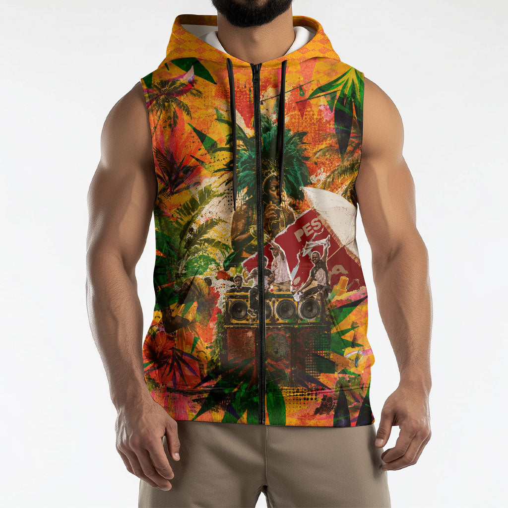 Notting Hill Carnival Sleeveless Zip Hoodie Caribbean Culture Music Festival Feathered Dancer Tropical