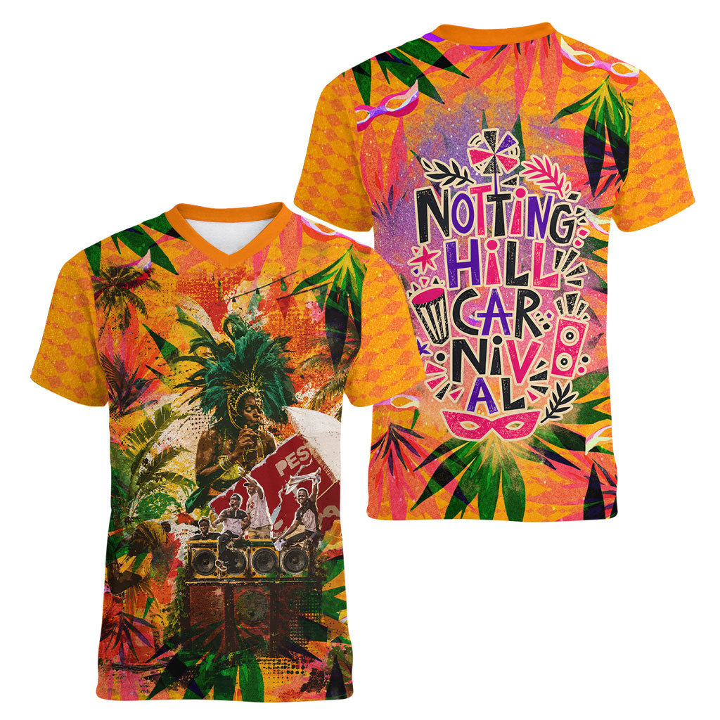 Notting Hill Carnival Women V-Neck T-Shirt Caribbean Culture Music Festival Feathered Dancer Tropical