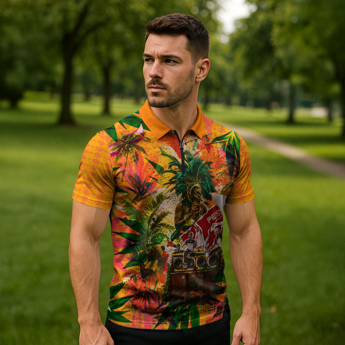 Notting Hill Carnival Zipper Polo Shirt Caribbean Culture Music Festival Feathered Dancer Tropical