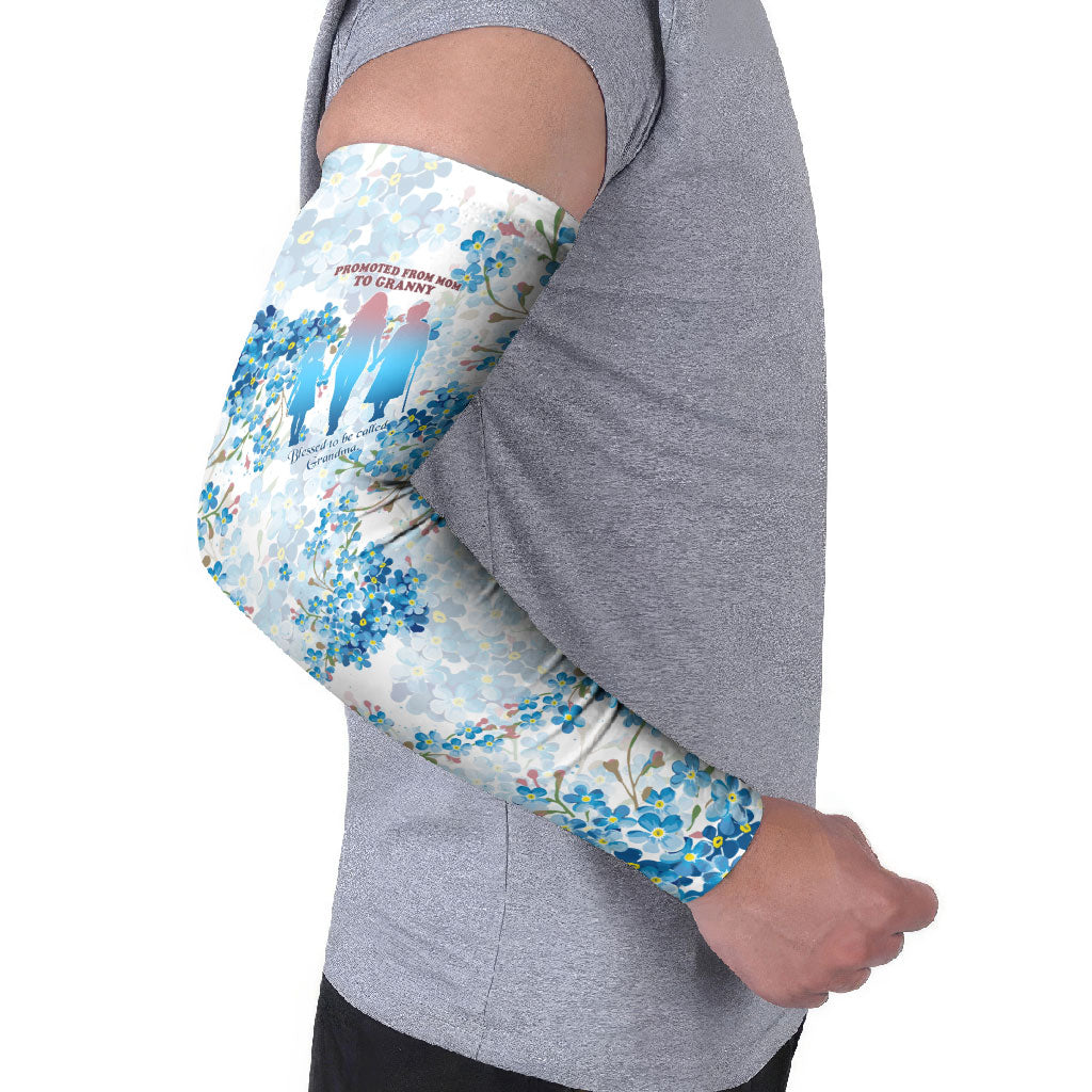 Promoted To Grandparents Arm Sleeves Family Generations Blue Floral Silhouette Art