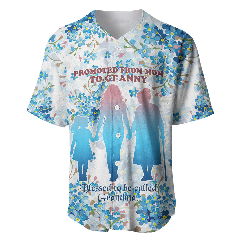 Promoted To Grandparents Baseball Jersey Family Generations Blue Floral Silhouette Art