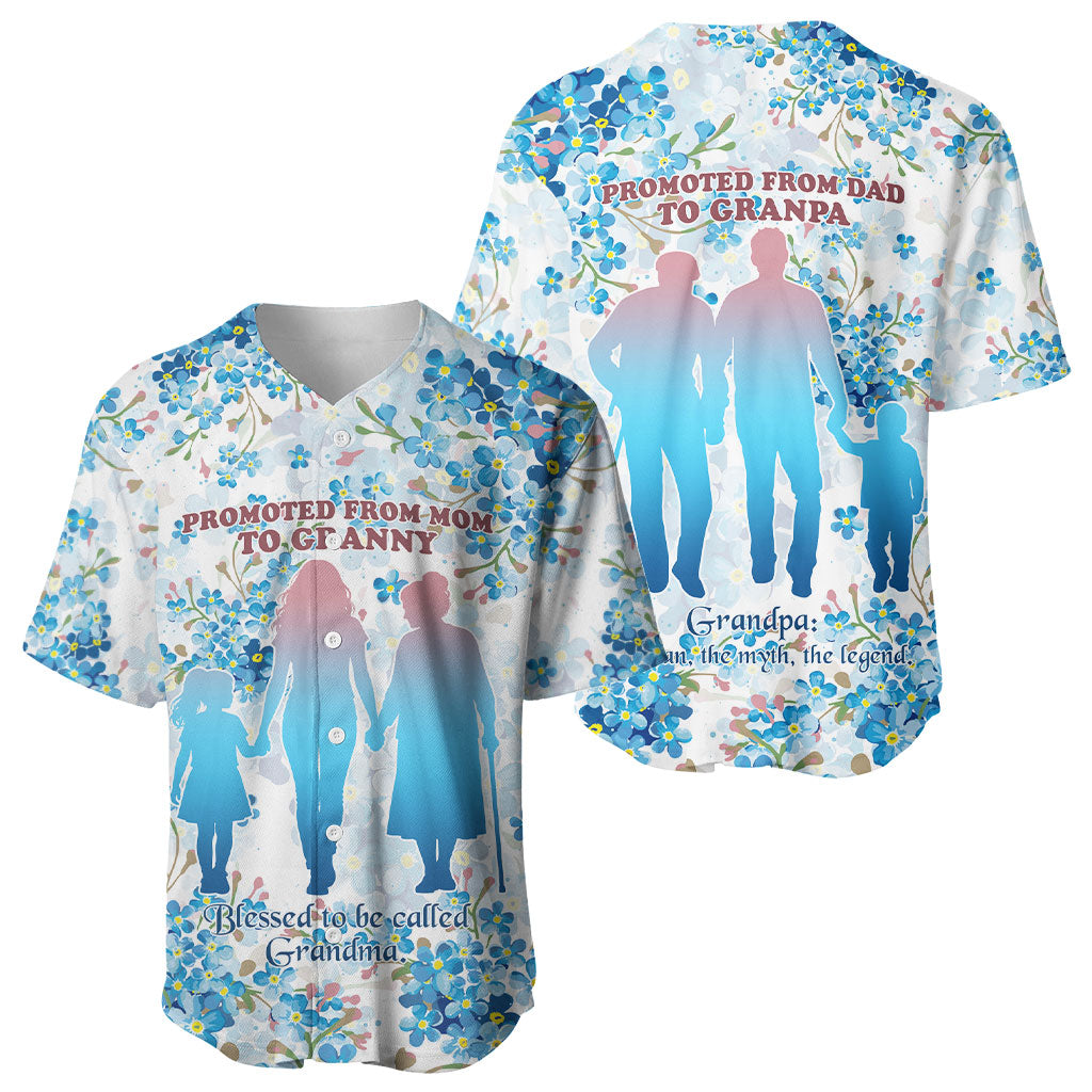 Promoted To Grandparents Baseball Jersey Family Generations Blue Floral Silhouette Art